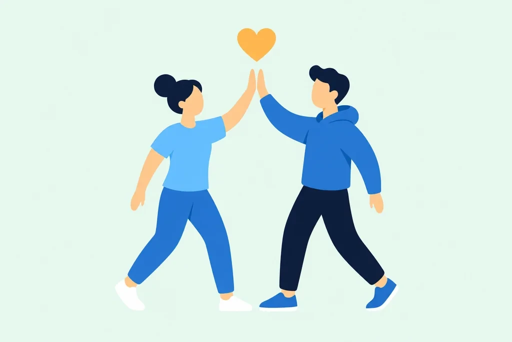 Two people high-fiving with a heart above them
