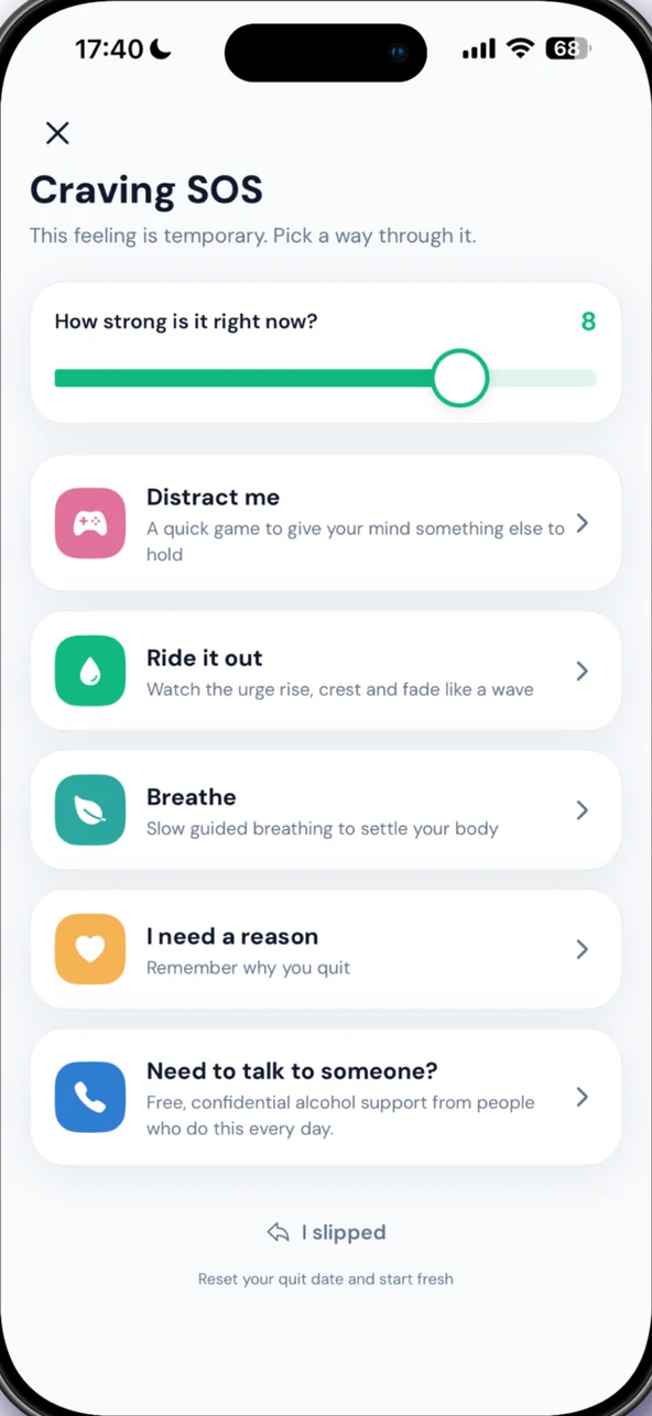 Craving SOS screen with a strength slider and ways through the urge