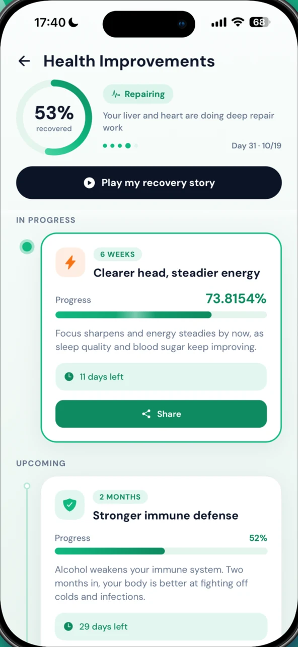 Health improvements screen showing recovery progress