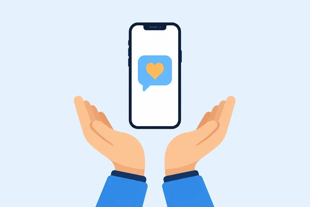Two hands holding a phone with a heart message
