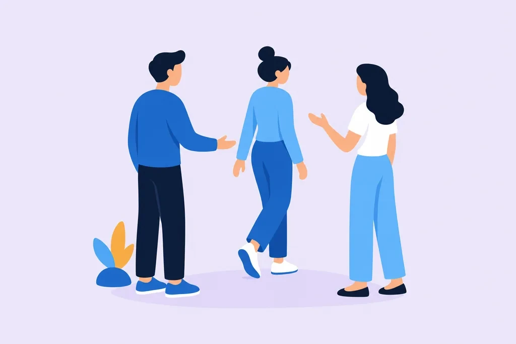Three people standing together talking